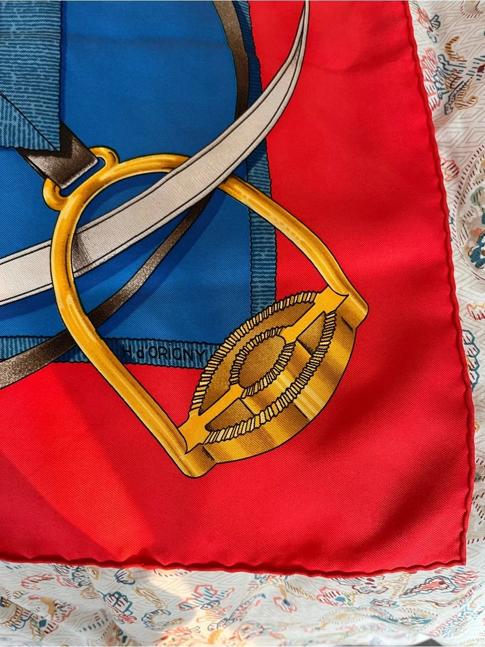 Hermes Vintage Grand Manage 90 Red, Blue & Gold Equestrian Silk Scarf
